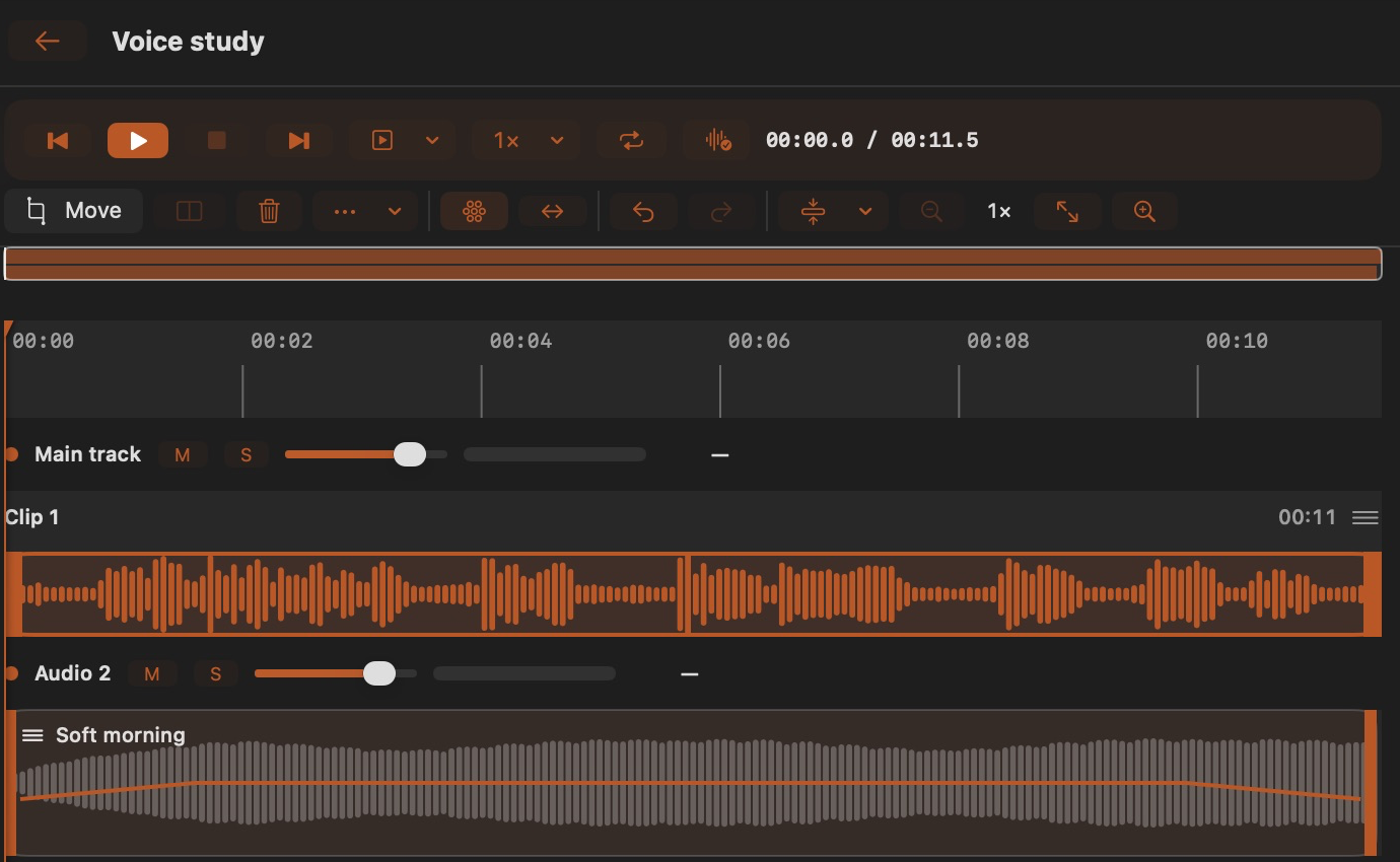 TonePebble’s dark editor with voice and music tracks