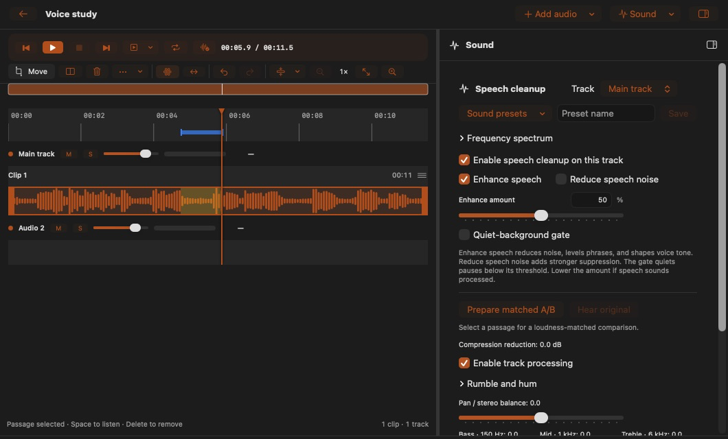 The Sound inspector showing speech enhancement, noise reduction, and gate controls.