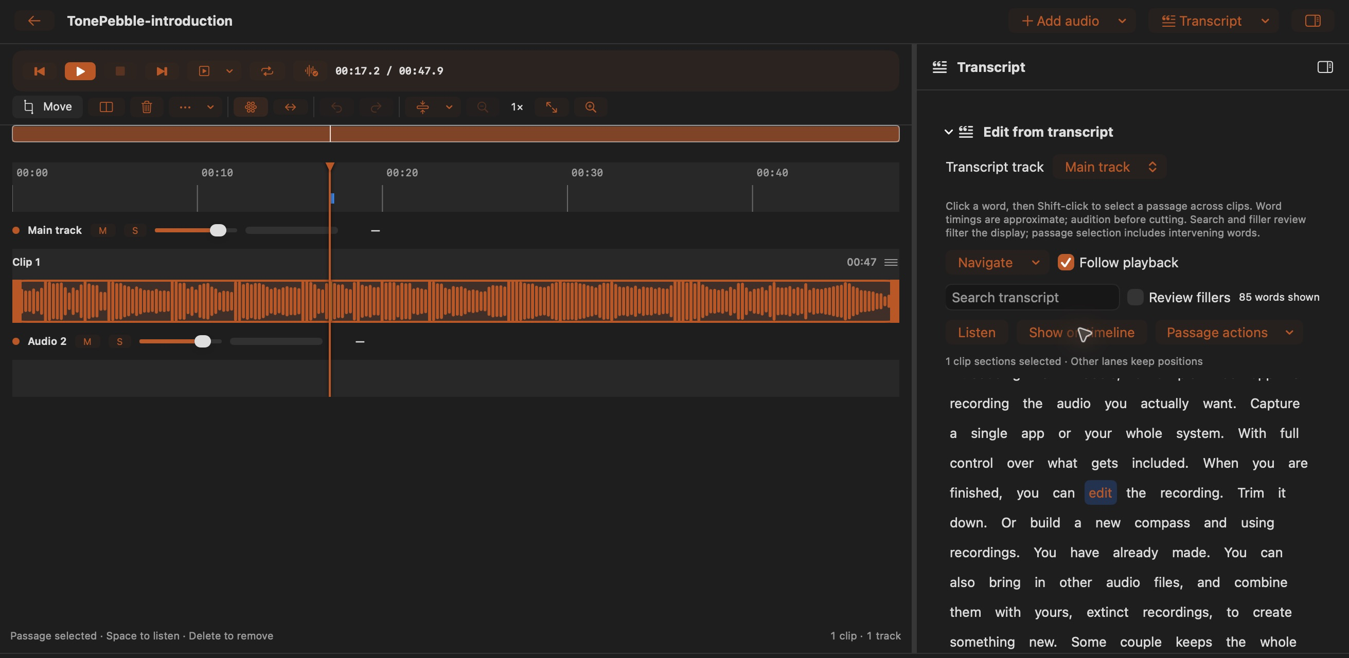 The supplied TonePebble introduction, transcribed on this Mac. Select a word to locate its audio.